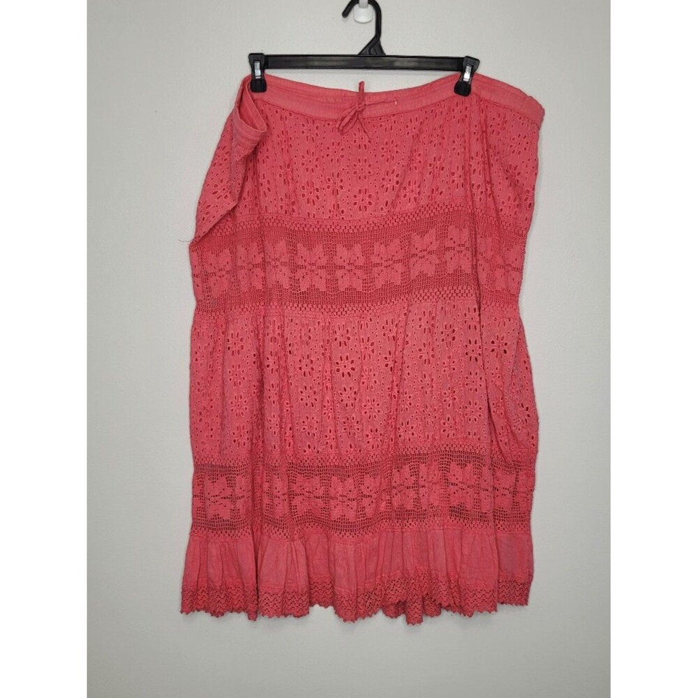 Signature pink coral crochet open knit drawstring boho y2k midi skirt size 2x
